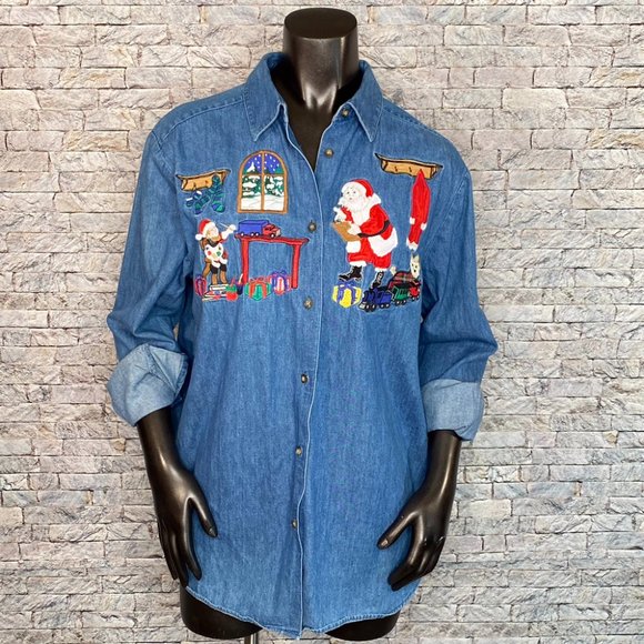 Karen Scott Tops - Karen Scott Denim Christmas Shirt Size Large Holiday Embroidery Button Down